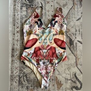 Flamingo Floral V‑Neck One‑Piece Swimsuit - Pink/Red
